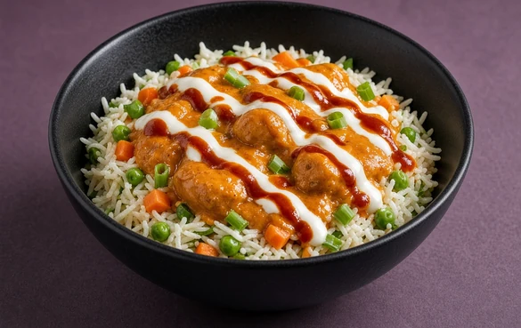 Butter chicken rice bowl with peas, carrots and sauce drizzles