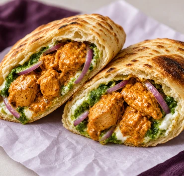 Naanurrito with curry-coated chicken and sauces