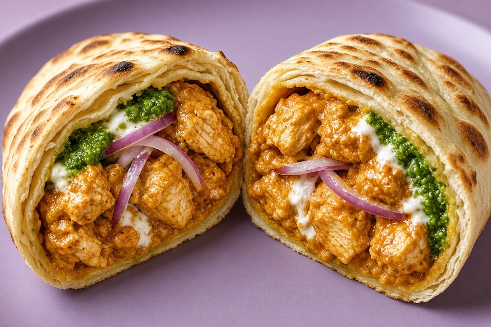 Naanurrito with curry-coated chicken, onions, mint chutney and white sauce